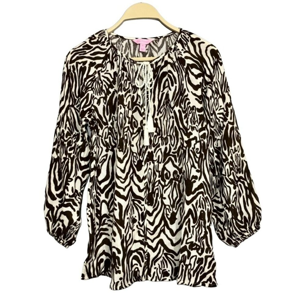 Lilly Pulitzer Blouse Top Women XS Camo Striped Patterned Tassel Casual Cuffed